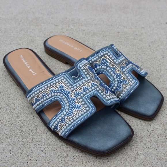 Madden Girl Blue Rhinestone Beaded Sparkle Slide Sandals Sz 9 - Picture 3 of 8
